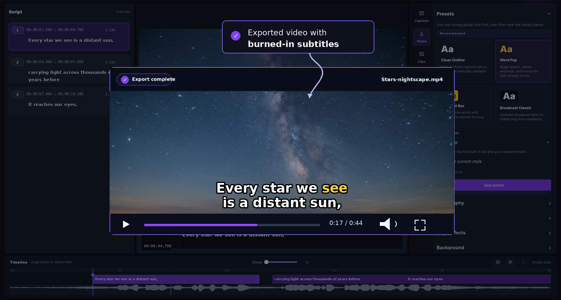 Captn editor for adding subtitles to a video online.