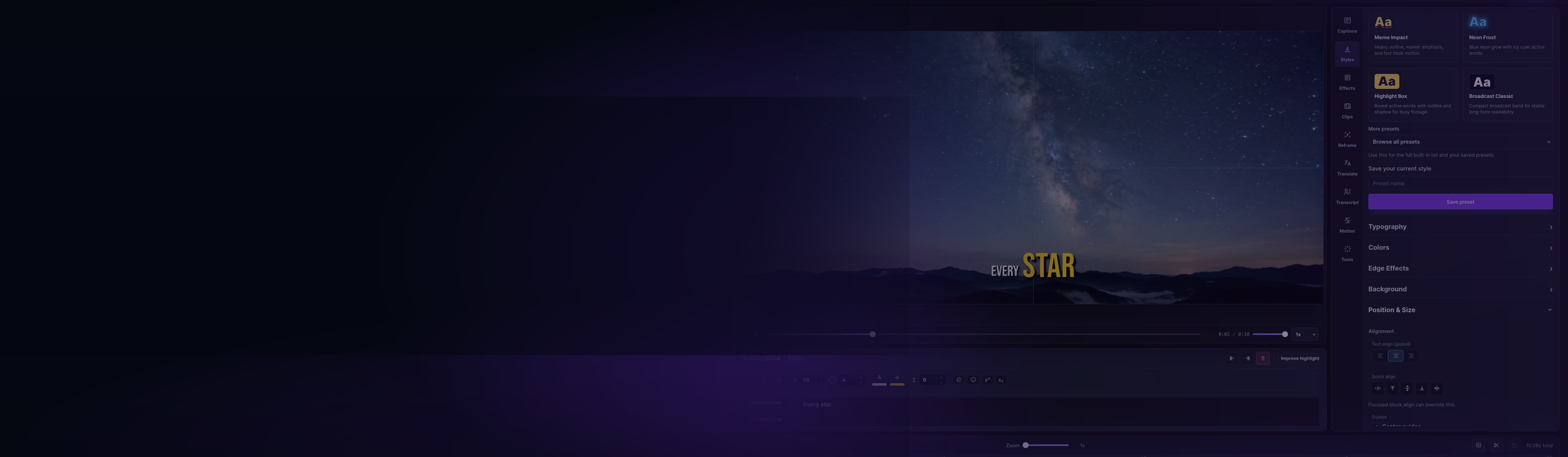 Stylized Captn editor preview with subtitle timeline and export-ready video.