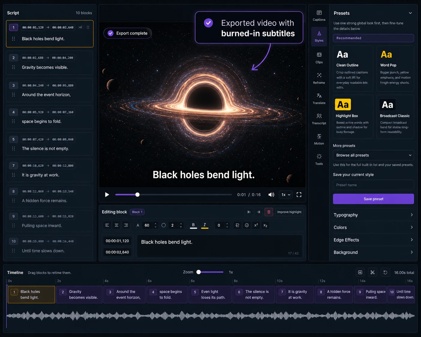 Captn subtitle workflow showing black hole footage, caption cleanup, export preview and styling controls.