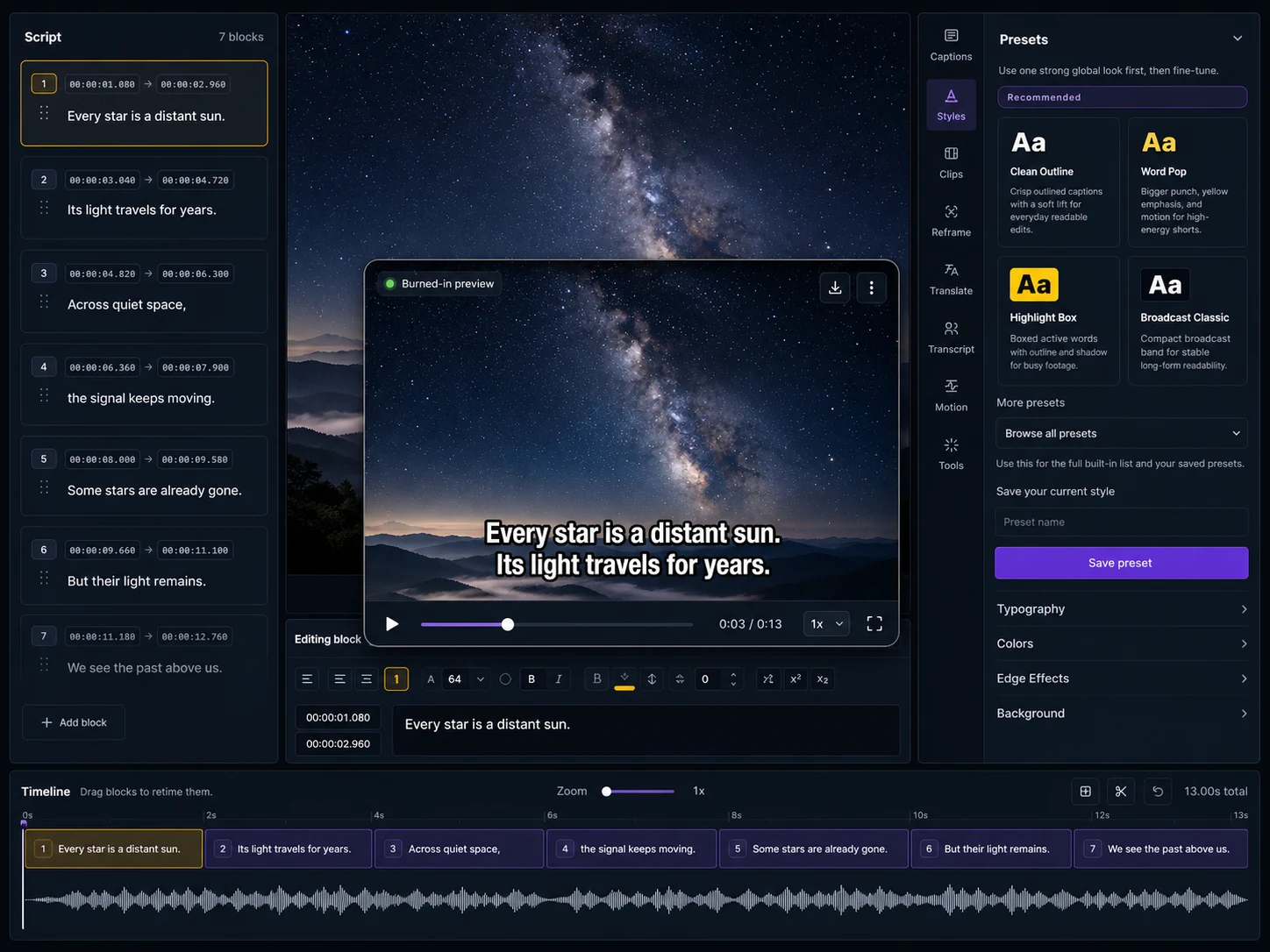 Captn online subtitle editor showing caption blocks, video preview and export controls.